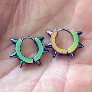 Oilslick Oil Slick Rainbow Stainless Steel Spike Hoop Earrings NWT